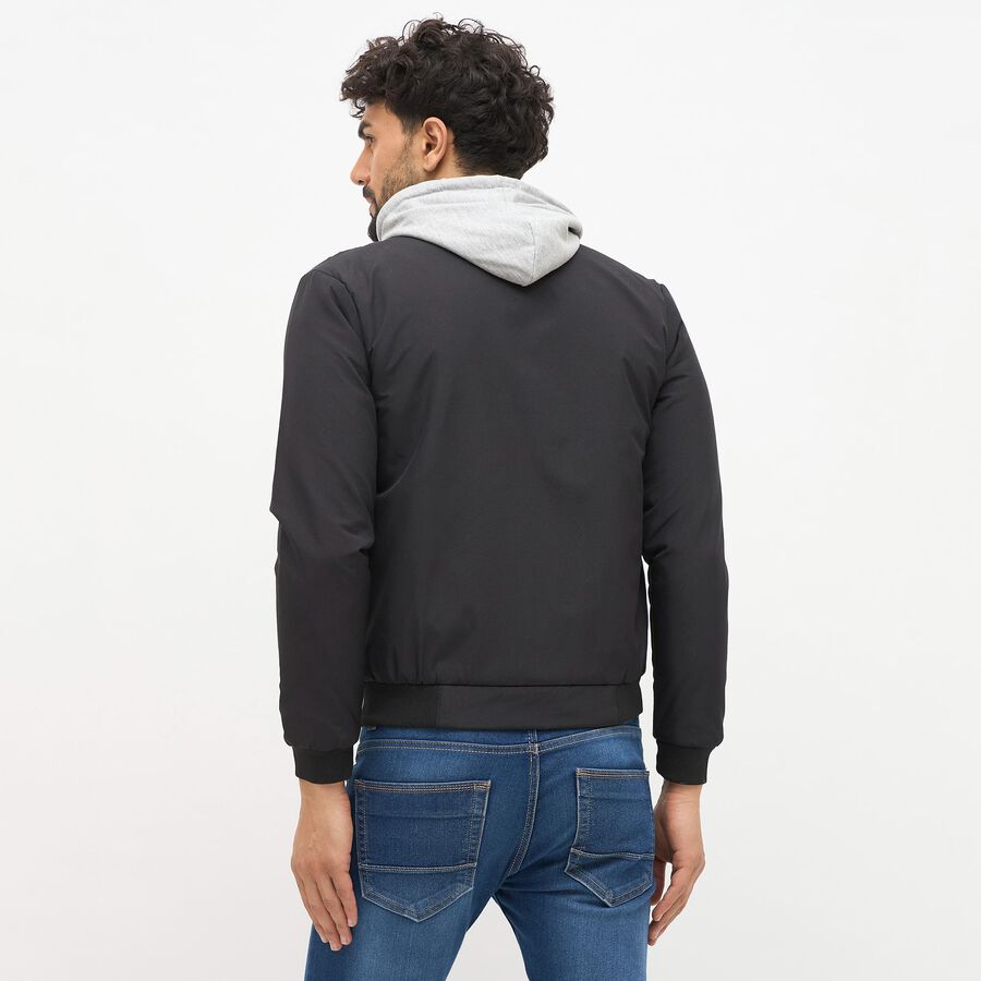 Men's Jet Black Hooded Casual Jacket, काला, large image number null