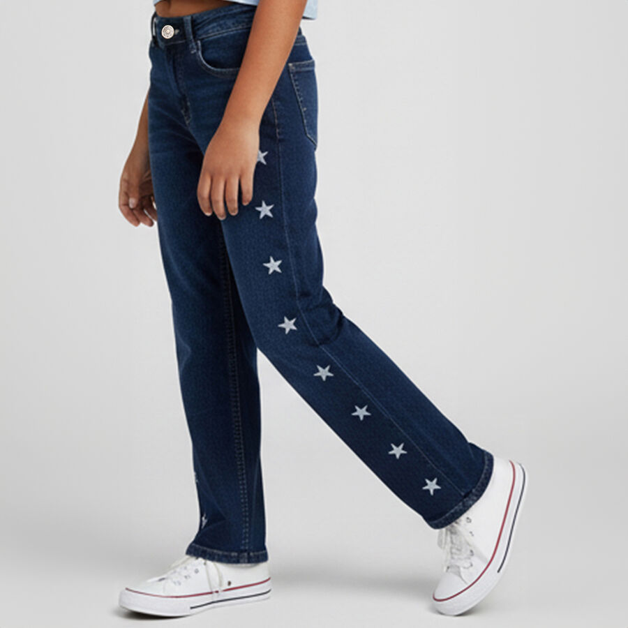 Girls' Dark Indigo Blue Straight Fit Star Print Jeans, Mid Blue, large image number null