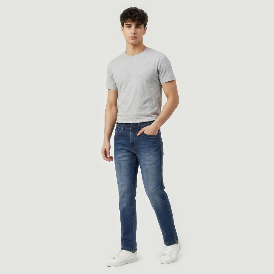 Men's Blue Slim Fit Washed Jeans, Dark Blue, large