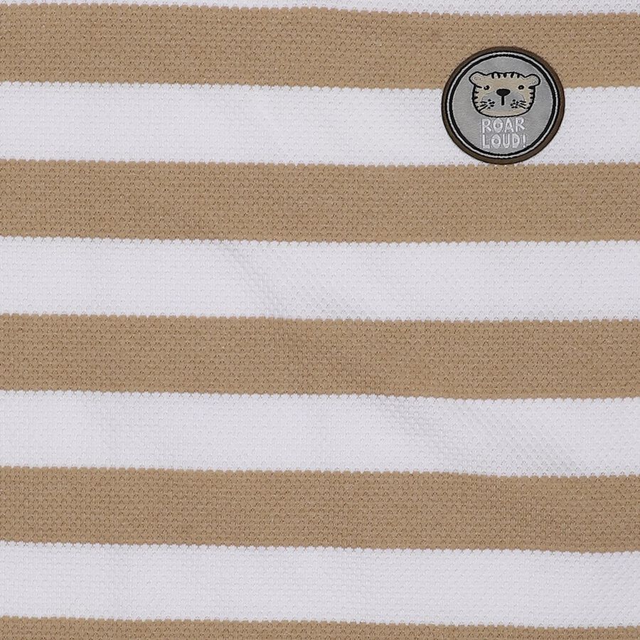 Boys' Beige Round Neck Striped Casual T-Shirt, गहरा पीला, large