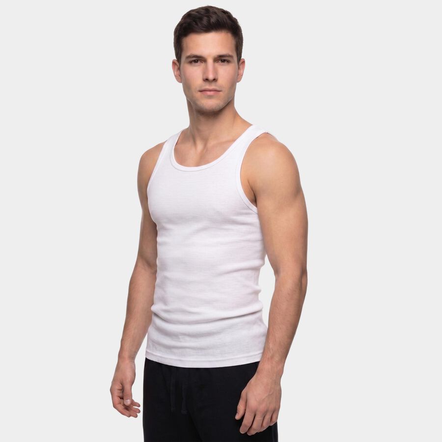 Men's White Cotton Round Neck Sleeveless Vest, White, large