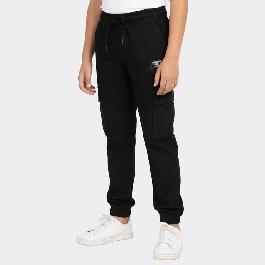 Boys Jet Black Regular Fit Cargo Trousers, काला, large image number null
