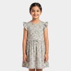 Girls' Cream Floral Printed Fit and Flare Frock, ऑफ व्हाइट, small