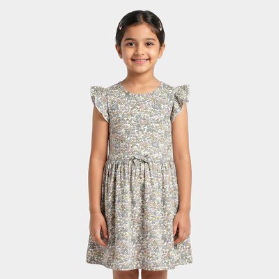 Girls' Cream Floral Printed Fit and Flare Frock