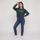 Women Green Crew Neck Graphic Print Sweatshirt, गहरा हरा, small