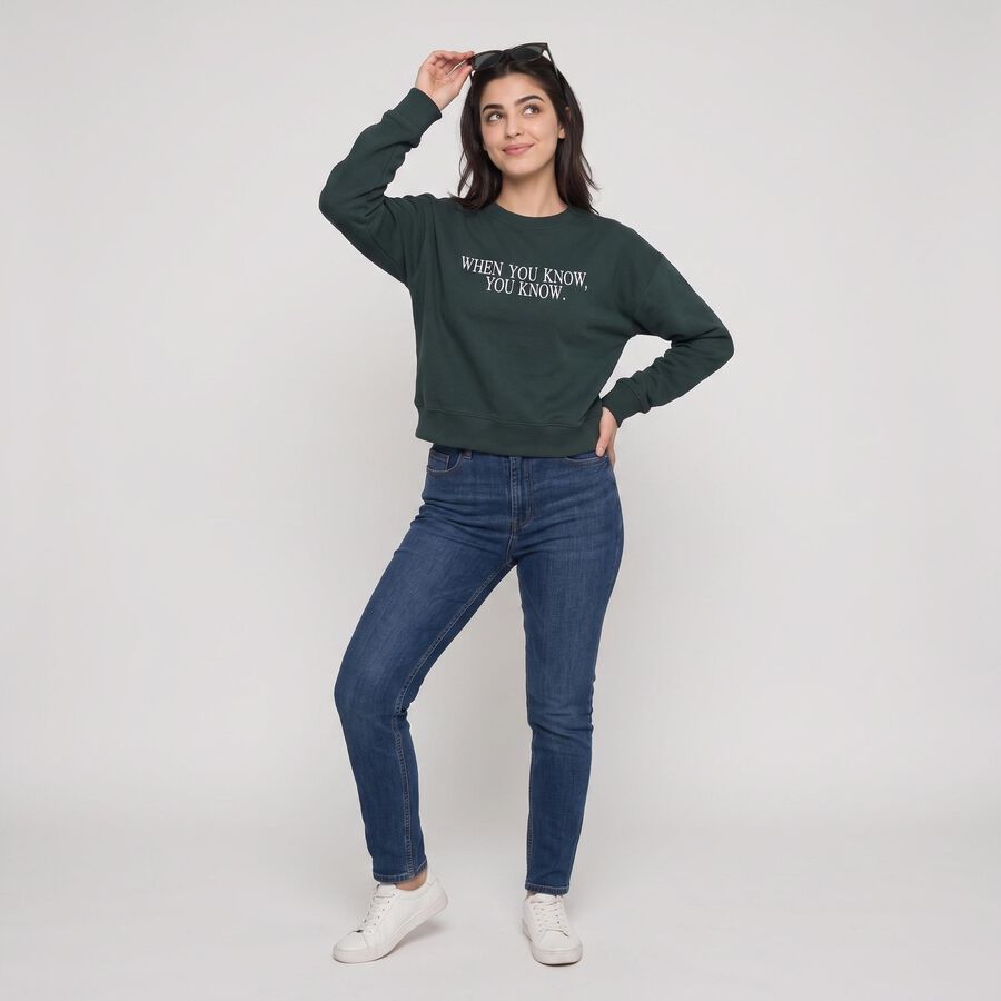 Women Green Crew Neck Graphic Print Sweatshirt, गहरा हरा, large