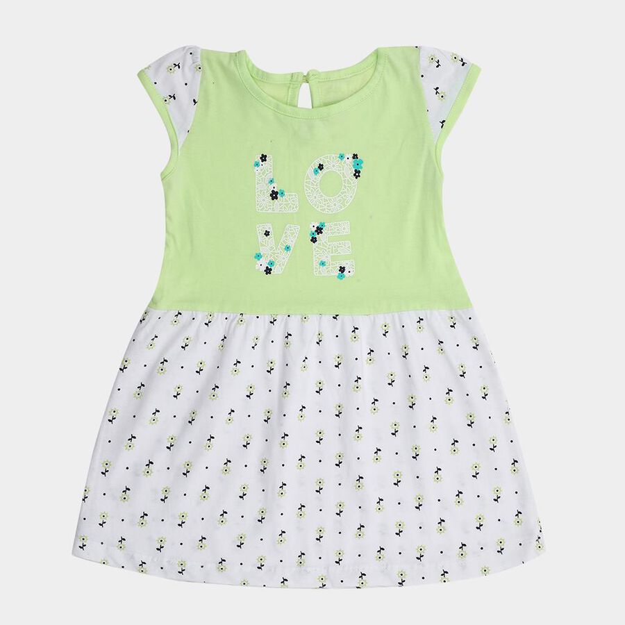Infants' Light Green and White Floral Printed Cotton Casual Frock, Light Green, large image number null