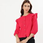 Women's Bright Pink Cotton Round Neck Ruffle Sleeve Top, Pink, small