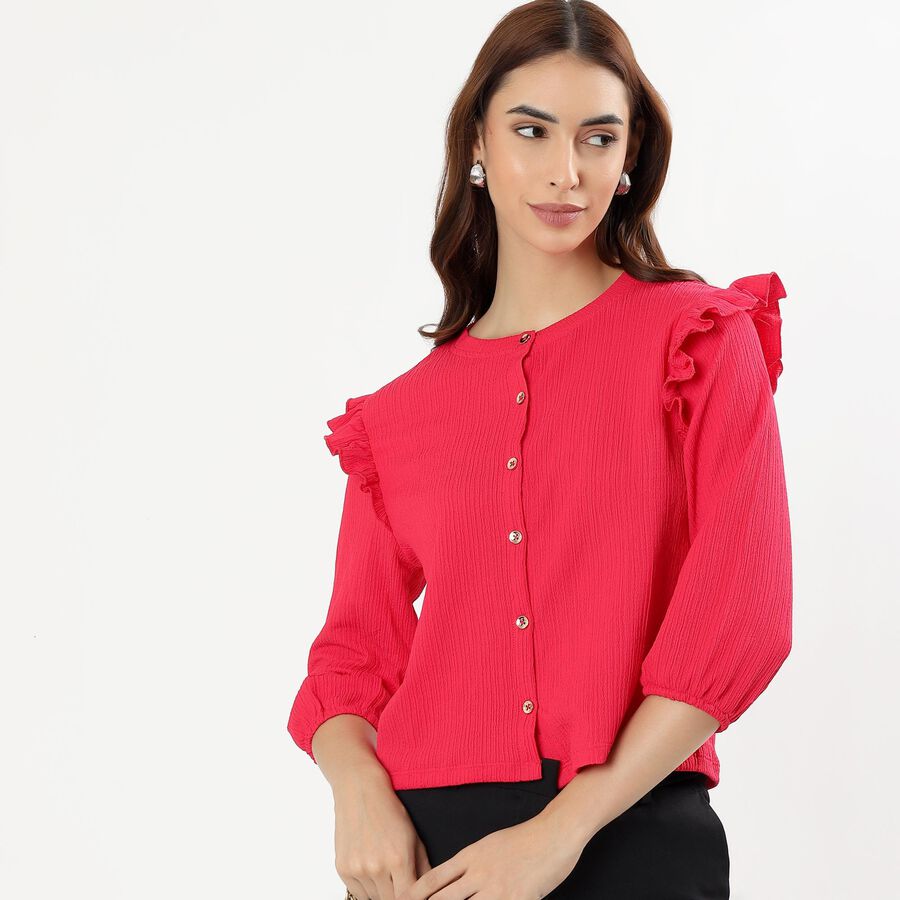 Women's Bright Pink Cotton Round Neck Ruffle Sleeve Top, Pink, large