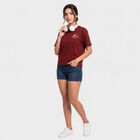 Ladies' Maroon Cotton Round Neck Regular T-Shirt, मरून, small