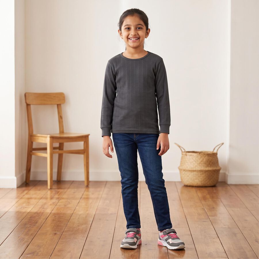 Girls Grey Long Sleeve Thermal, चारकोल, large