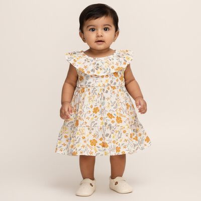 Infants' White Floral Print Ruffled Cotton Frock