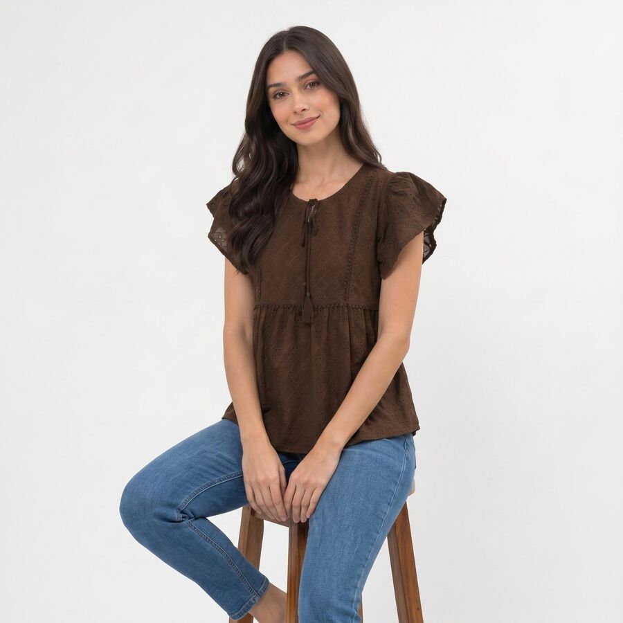 Women's Brown Round Neck Peplum Top, भूरा, large