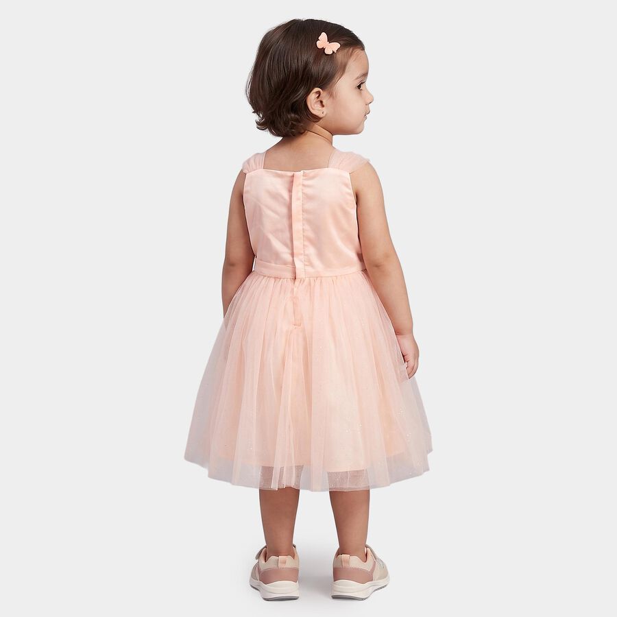 Girls' Light Pink Fit and Flare Floral Applique Party Wear Frock, Light Pink, large