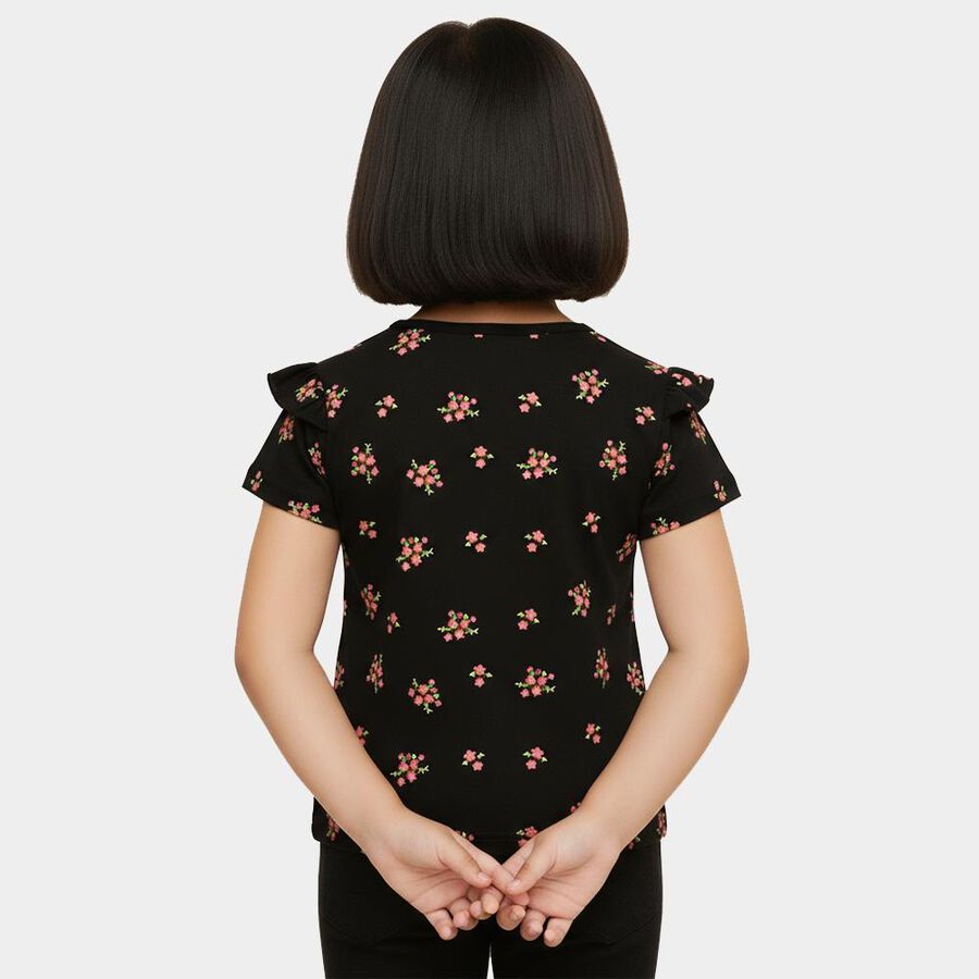 Girls' Jet Black Cotton Round Neck Casual T-Shirt, काला, large