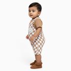 Infants' Beige Cotton Round Neck Checkered Baba Suit, Beige, small