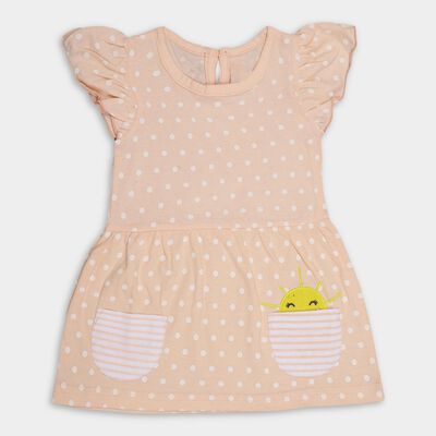 Infants' Light Peach Regular Fit Round Neck Polka Dot Frock