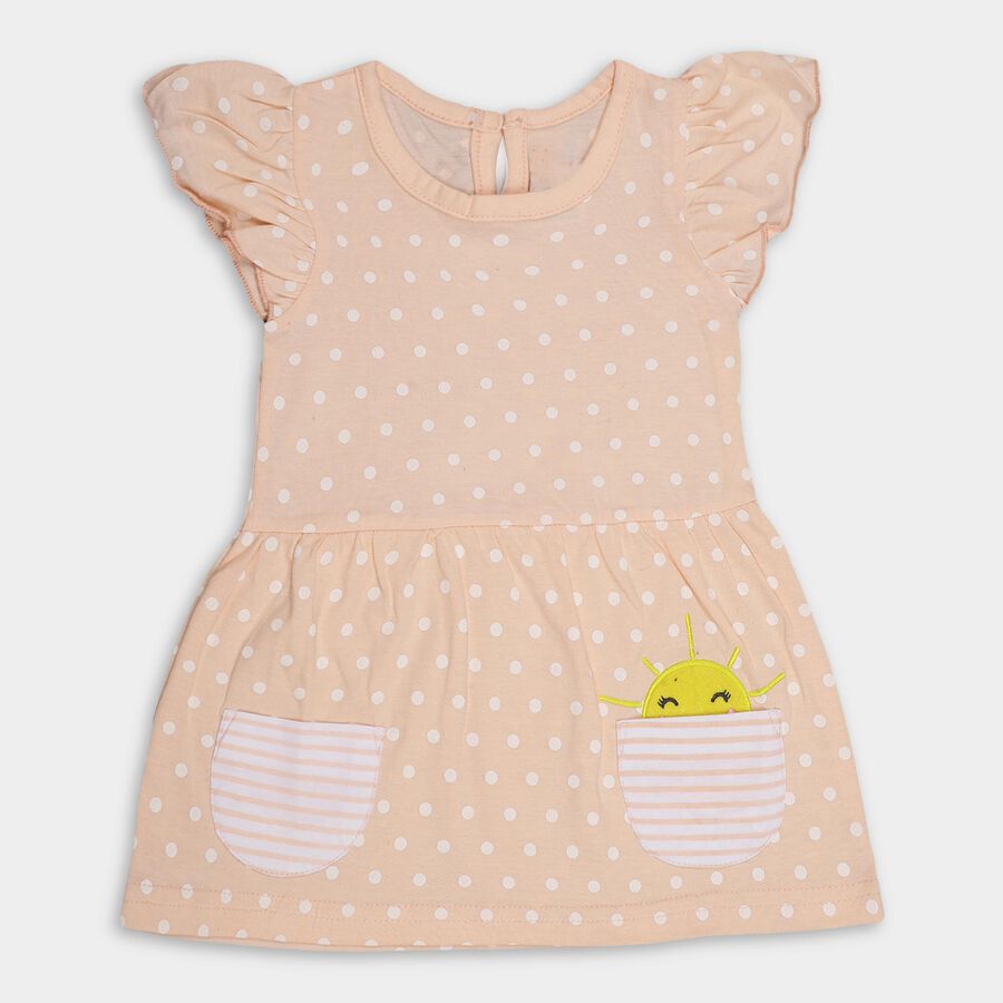Infants' Light Peach Regular Fit Round Neck Polka Dot Frock, Peach, large image number null