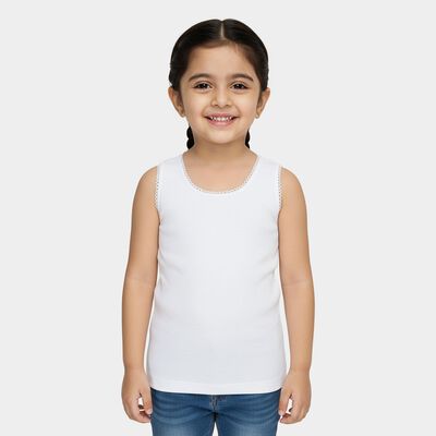 Girls' White Cotton Round Neck Classic Vest
