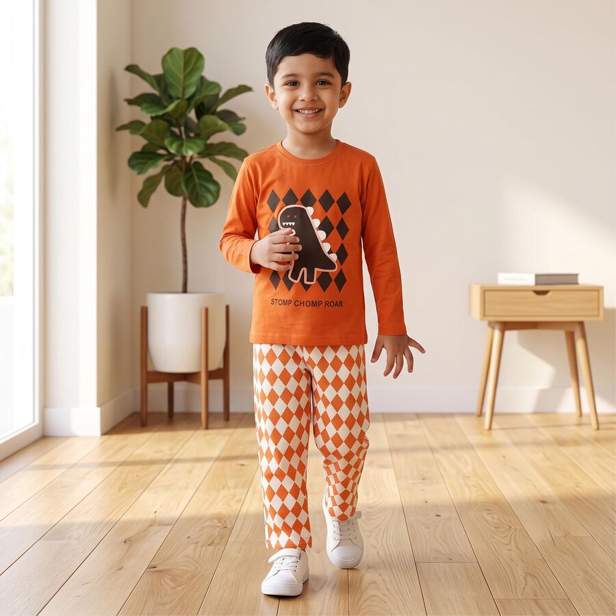 Boys Brown 100% Cotton Round Neck Graphic Print Baba Suit, Brown, large