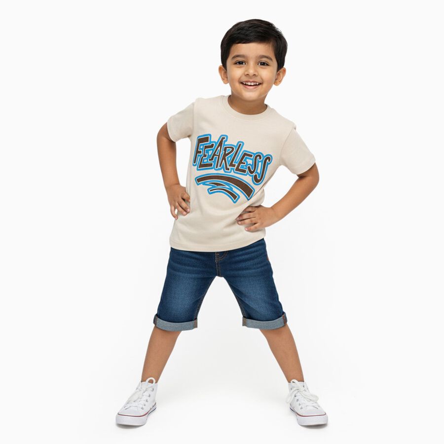 Boys Soft Beige Cotton Crew Neck Casual T-Shirt, Off White, large