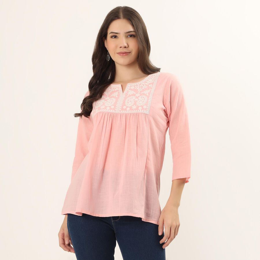 Women's Pink Cotton Round Neck Floral Printed Kurti, Light Pink, large