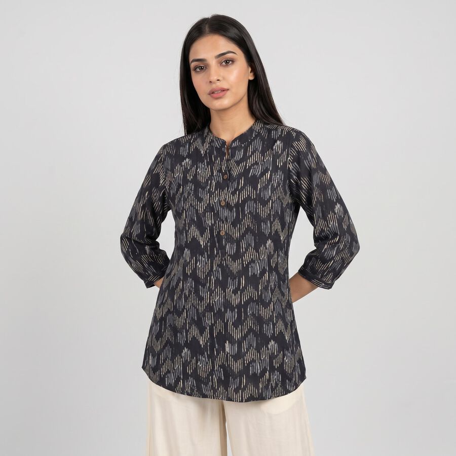 Women's Dark Grey Mandarin Collar Printed Kurti, गहरा ग्रे, large