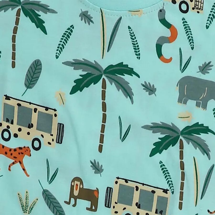 Boys Light Mint Green Cotton Round Neck Animal Print Night Suit, हल्का हरा, large image number null