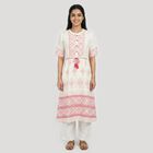 Women's Light Pink Round Neck Geometric Printed Straight Kurta, Light Pink, small