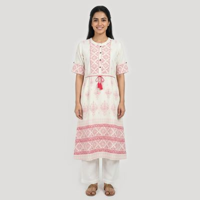 Women's Light Pink Round Neck Geometric Printed Straight Kurta