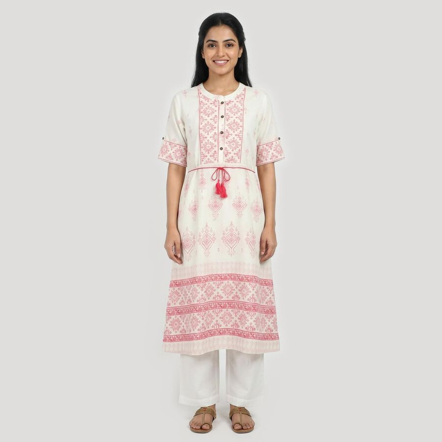Women's Light Pink Round Neck Geometric Printed Straight Kurta, Light Pink, large