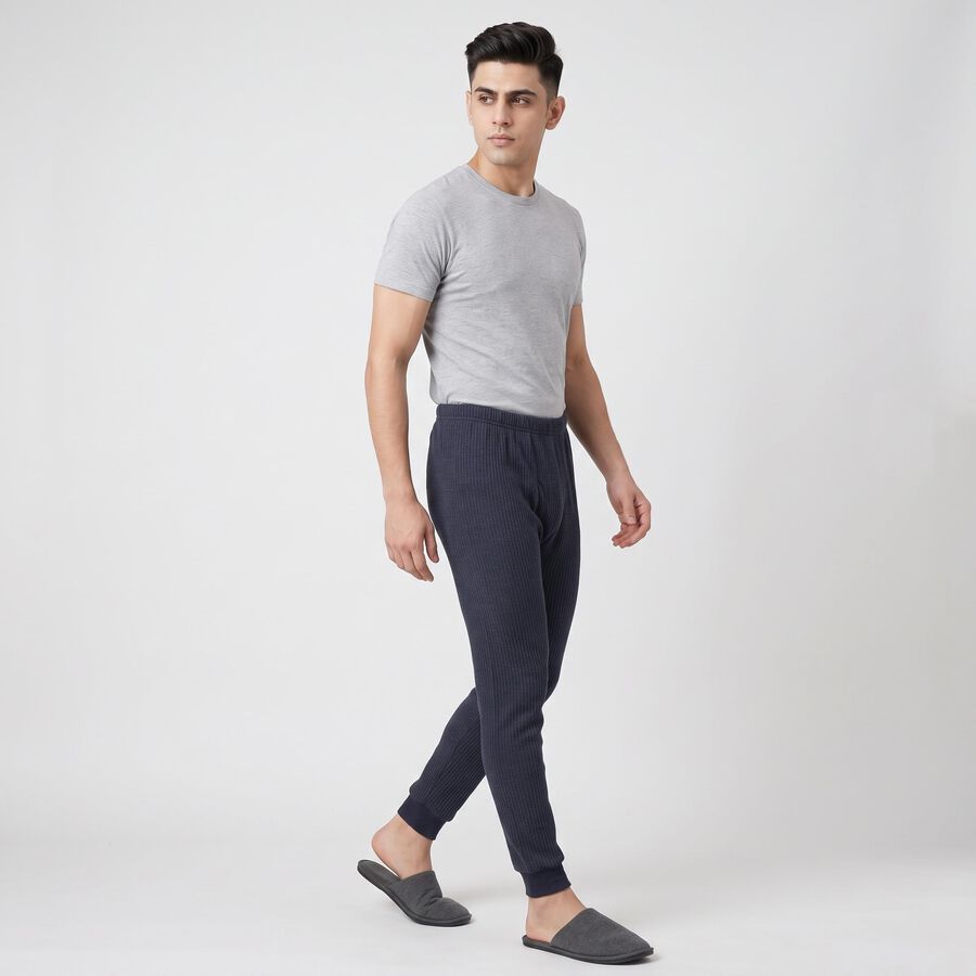 Men's Navy Blue Ribbed Long Johns Thermal, मध्यम नीला, large