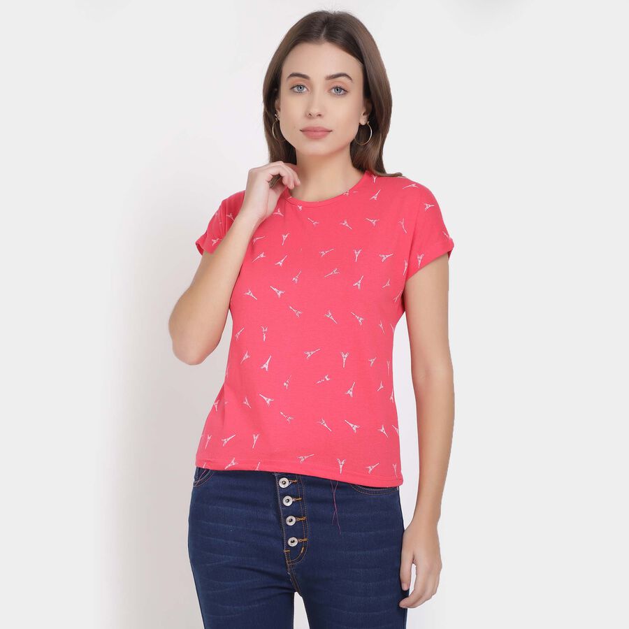 Printed Round Neck Round Neck T-Shirt, Coral, large image number null