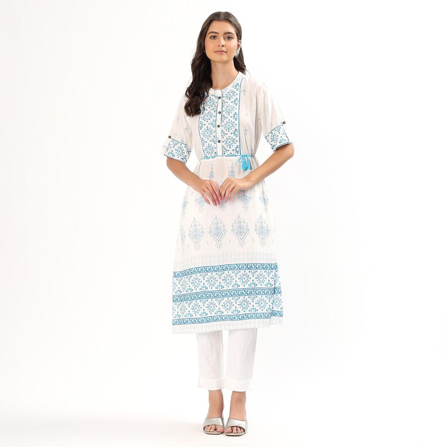 Women's Pale Powder Blue Notch Neck Embroidered Kurta, हल्का नीला, large