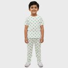 Boys White Cotton Round Neck Star Printed Night Suit, सफ़ेद, small