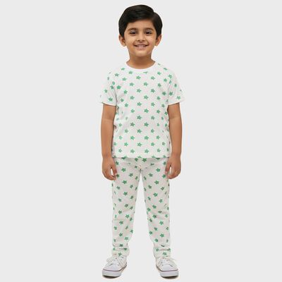 Boys White Cotton Round Neck Star Printed Night Suit