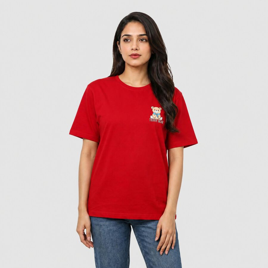 Women Fuchsia Cotton Round Neck Regular T-Shirt, Fuchsia, large