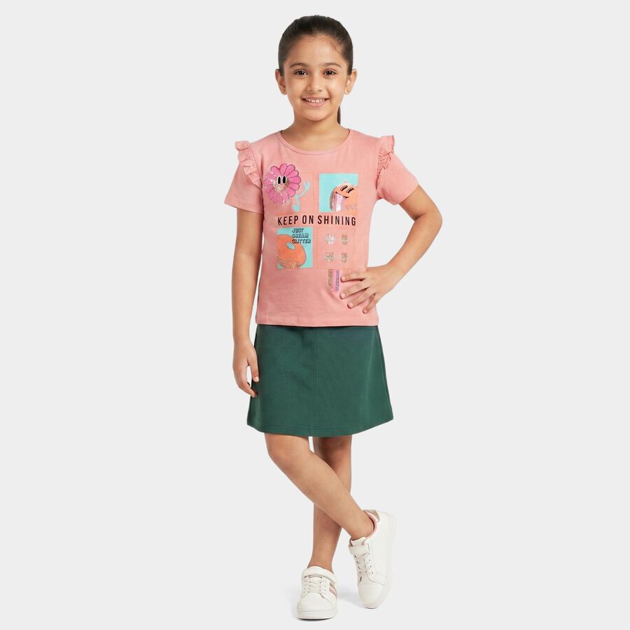Girls Pink Cotton Round Neck Regular T-Shirt, Light Pink, large