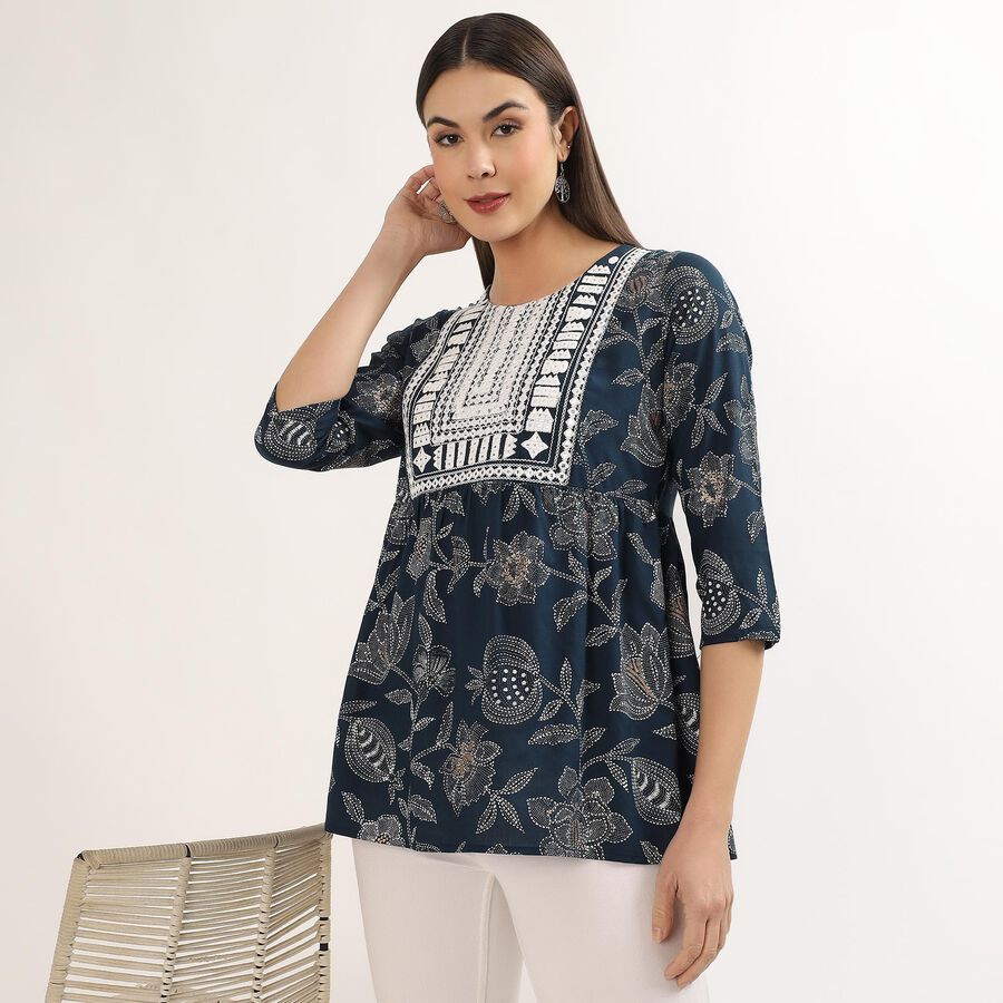 Women's Teal Round Neck Printed Kurti, Teal Blue, large