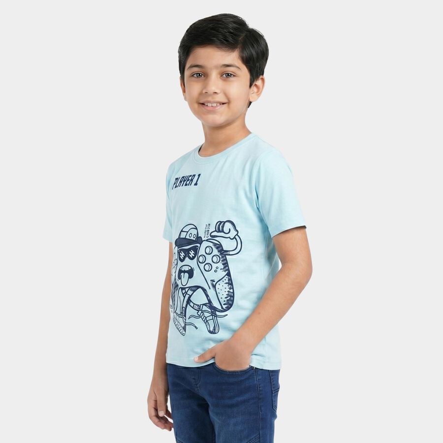 Boys Light Blue Cotton Blend Round Neck Regular Boys T-Shirt, हल्का नीला, large