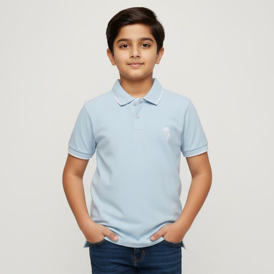 Boys Light Powder Blue Polo Neck Casual T-Shirt, Light Blue, large