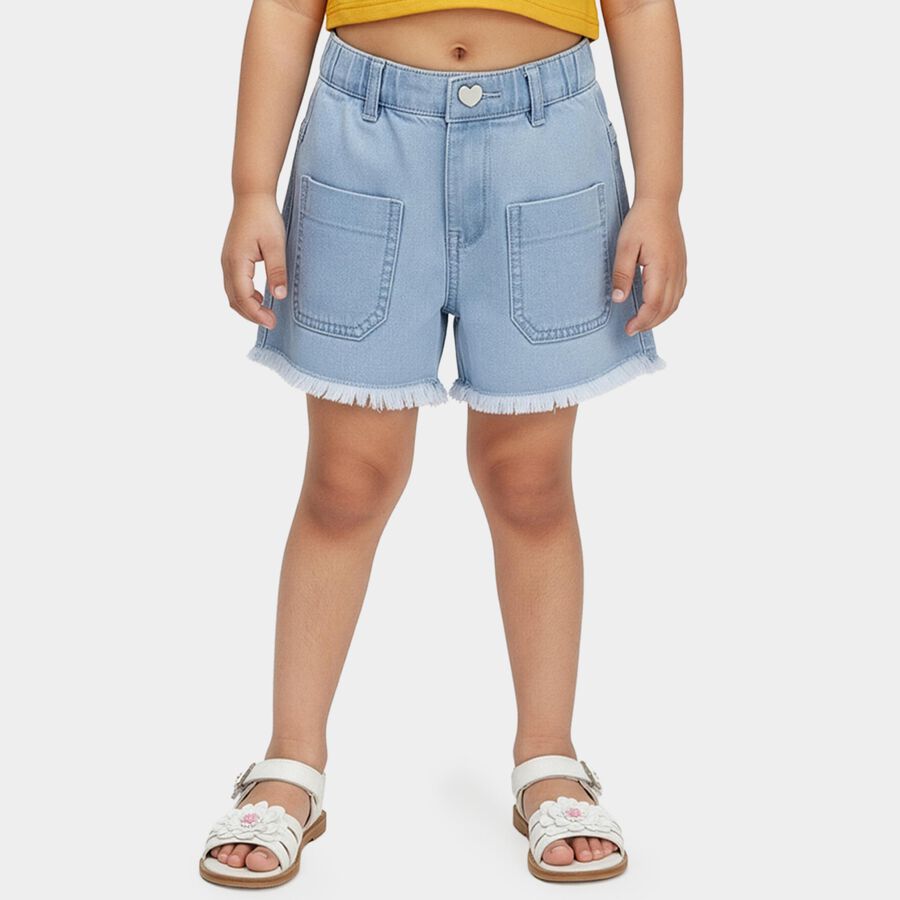 Girls' Light Blue Regular Fit Frayed Hem Denim Shorts, Light Blue, large