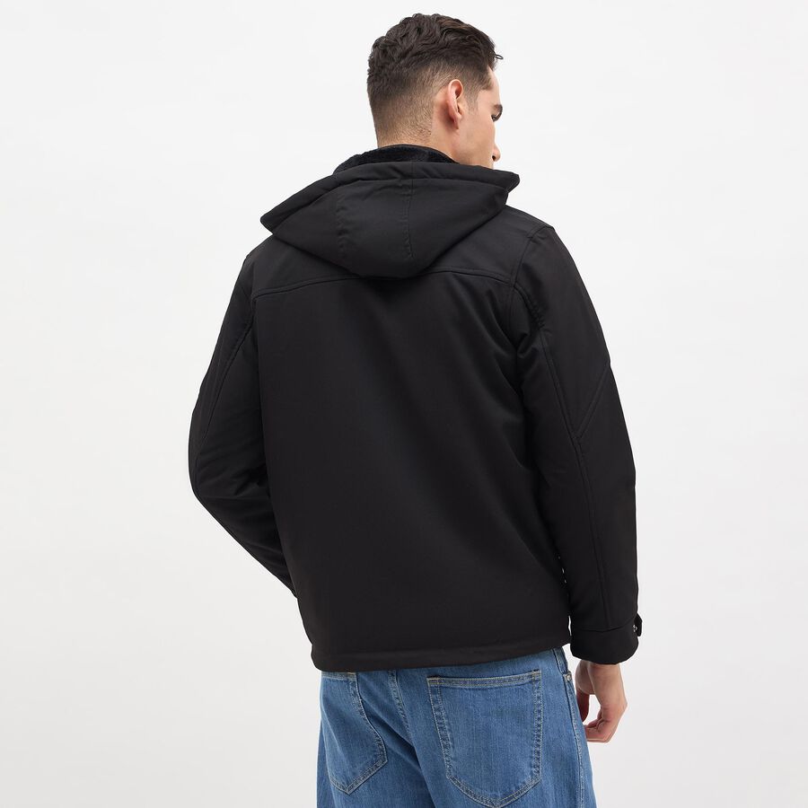 Men's Jet Black High Neck Hooded Casual Jacket, काला, large image number null