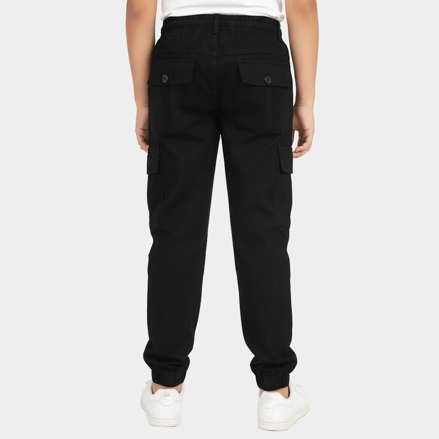 Boys Jet Black Regular Fit Cargo Trousers, काला, large image number null