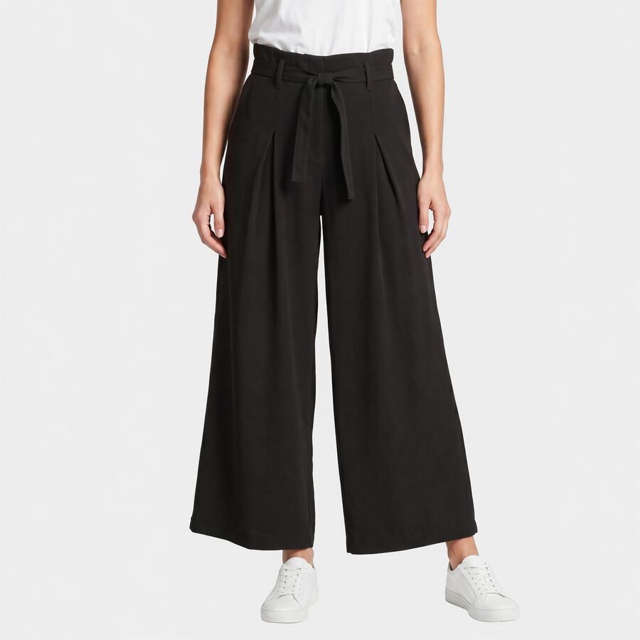 Women's Black Wide Leg Pleated Trousers, काला, large