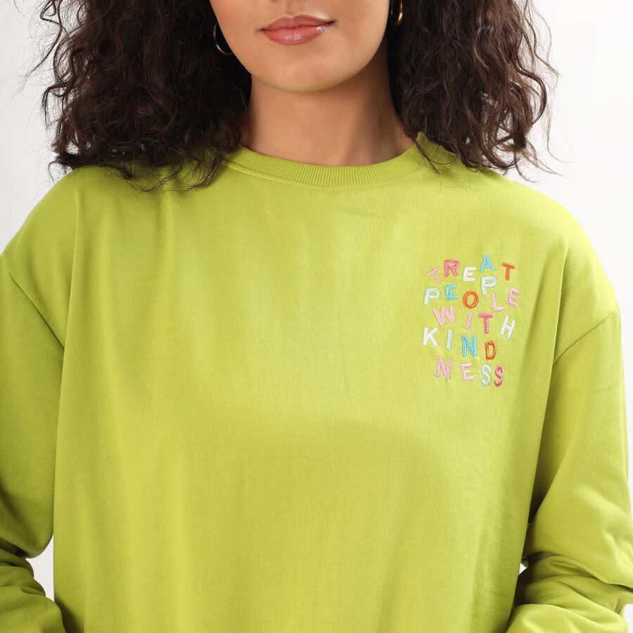 Women's Bright Lime Green Crew Neck Casual Sweatshirt, हल्का हरा, large image number null