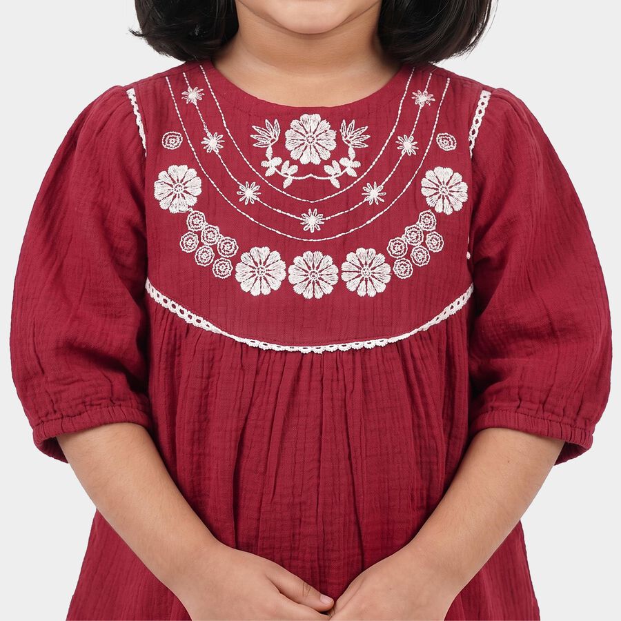 Girls' Maroon Tiered Embroidered Yoke Frock, वाइन, large