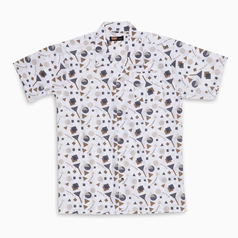 Boys Rich Eggshell White Cotton Half Sleeve Cuban Collar Casual Shirt, White, large image number null