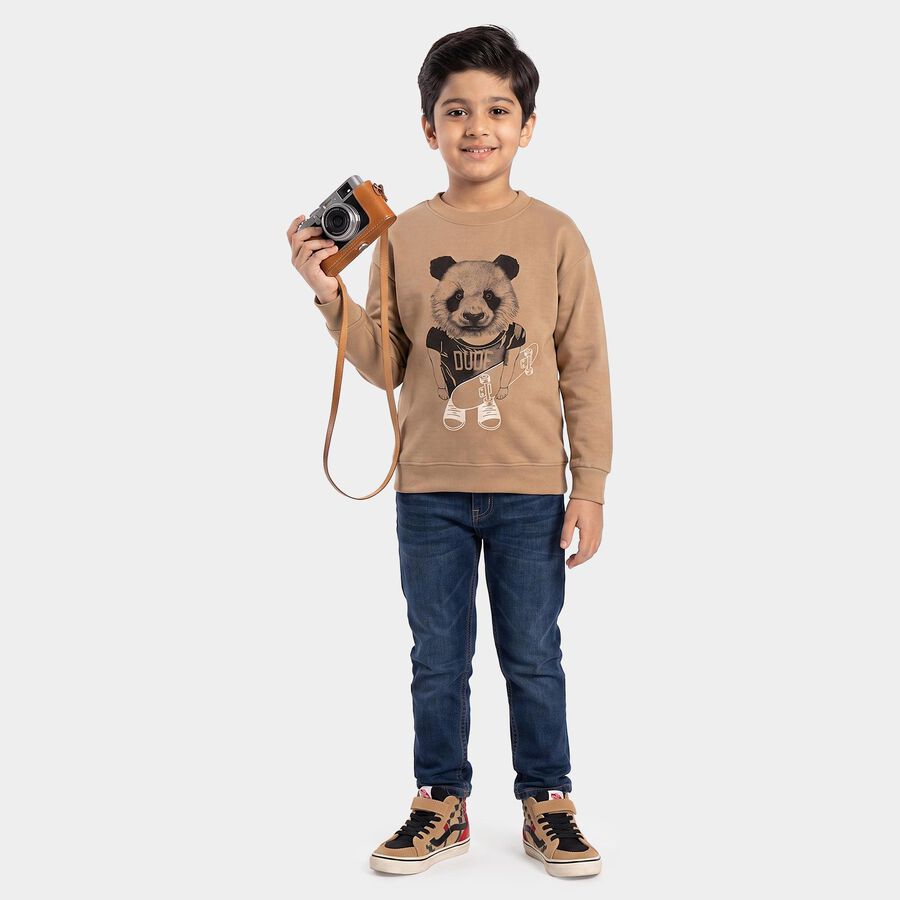 Boys' Beige Crew Neck Pullover Graphic Print Sweatshirt, गहरा पीला, large