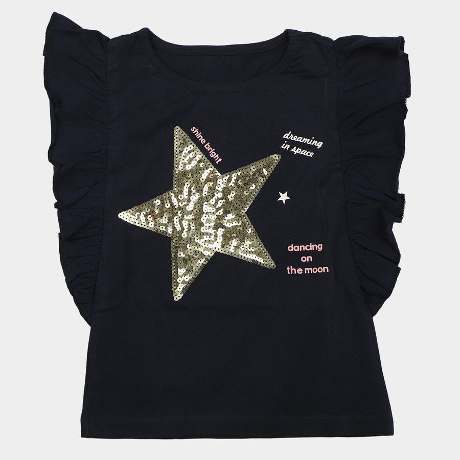 Girls Navy Blue Round Neck Regular T-Shirt, नेवी ब्लू, large
